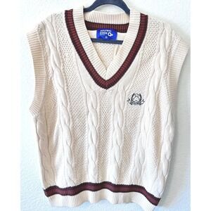 Aelfric Eden‎ Academic Cable Knit Vest V-Neck Streetwear Preppy Bear Crest SZ M